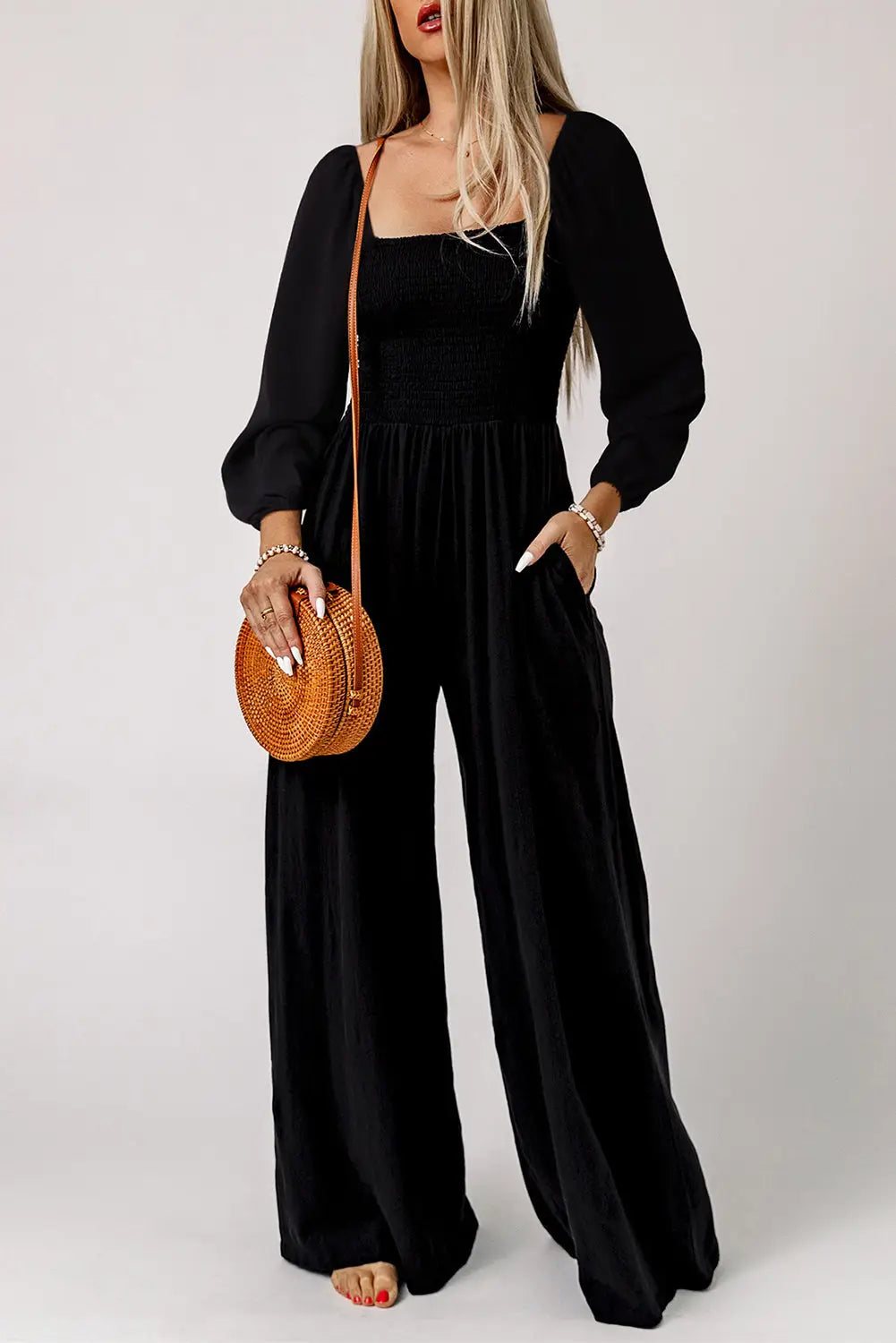 Smocked Square Neck Wide Leg Jumpsuit Women UK