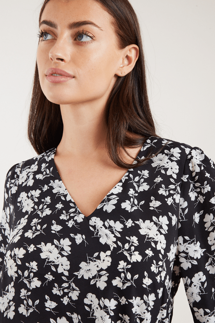 Louche Bindy Mono Sprig Print V Neck Long Sleeve Blouse