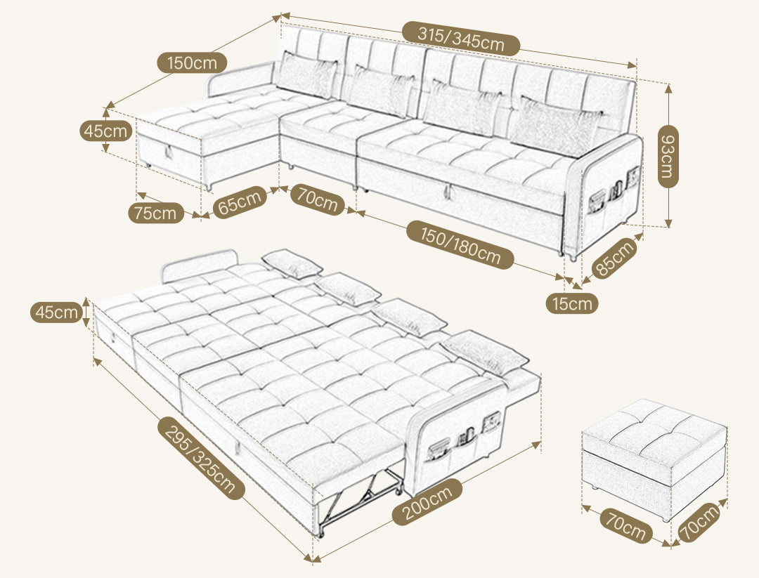 ML203 Three Seater Sofa Bed, L Shape Sofa Bed With Storage, Linen