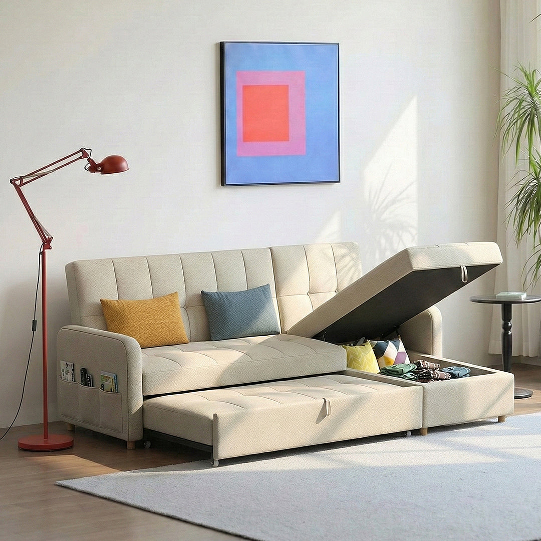 ML203 Three Seater Sofa Bed, L Shape Sofa Bed With Storage, Linen