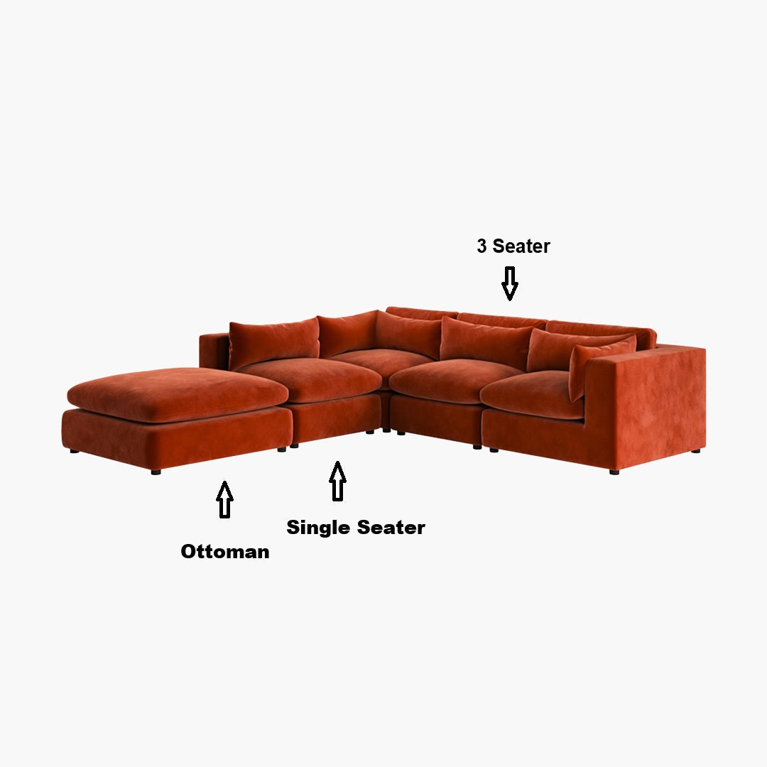 Ranjan Three Seater Corner Sofa, Red Velvet