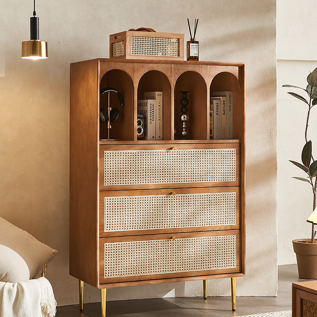 Maasai Tall Sideboard, Rattan & Solid Wood Cabinet