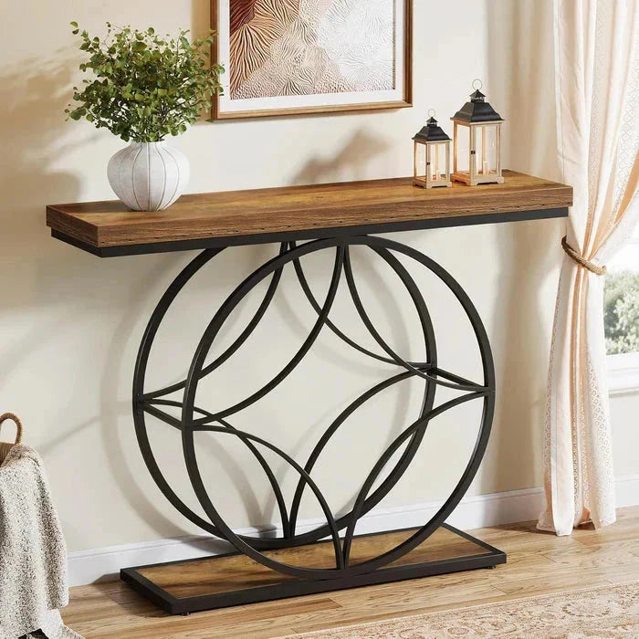 120cm Industrial Console Table - 2-Tier Sofa Table with Geometric Metal Frame