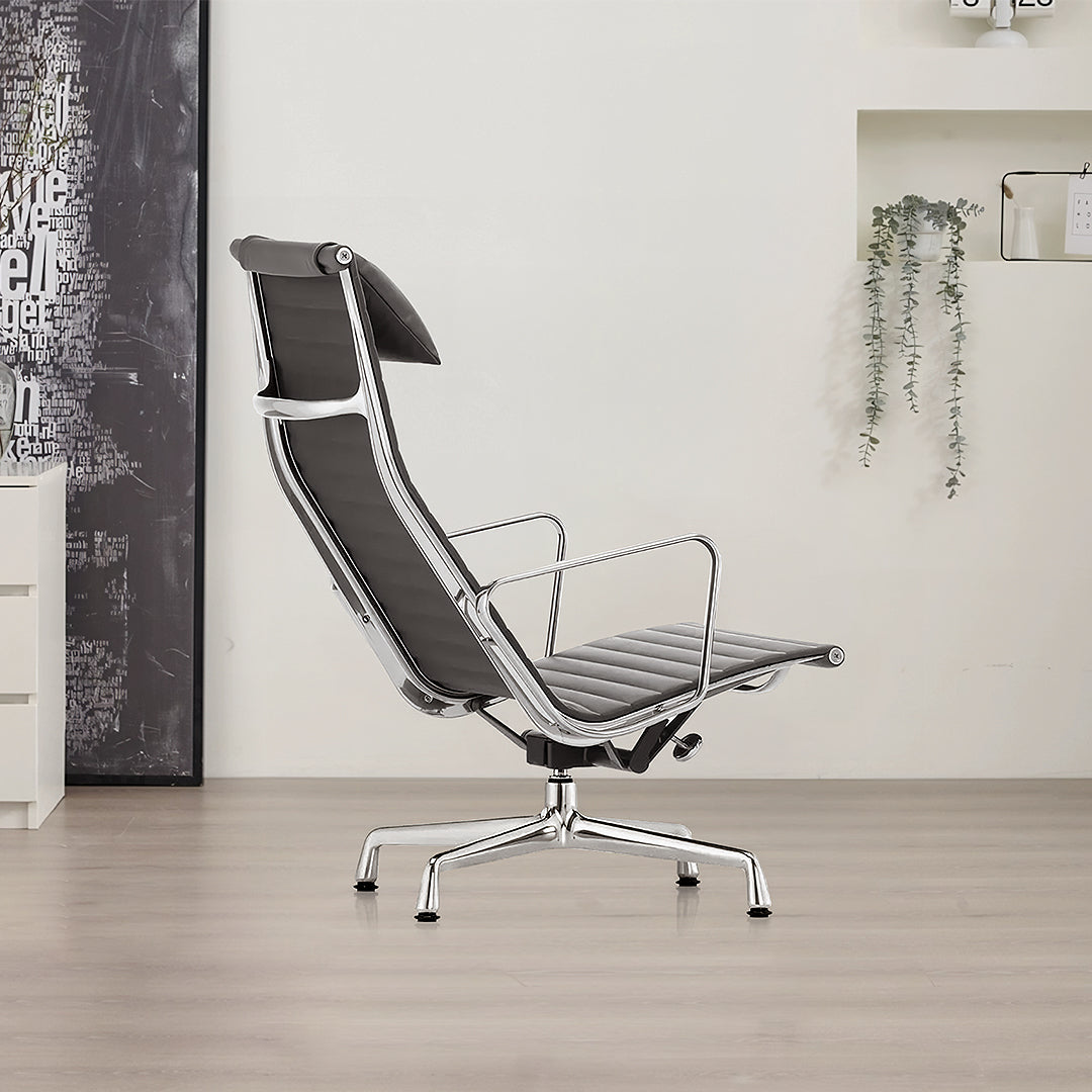 Qureshi Swivel Office Chair With Footstool, Black Leather