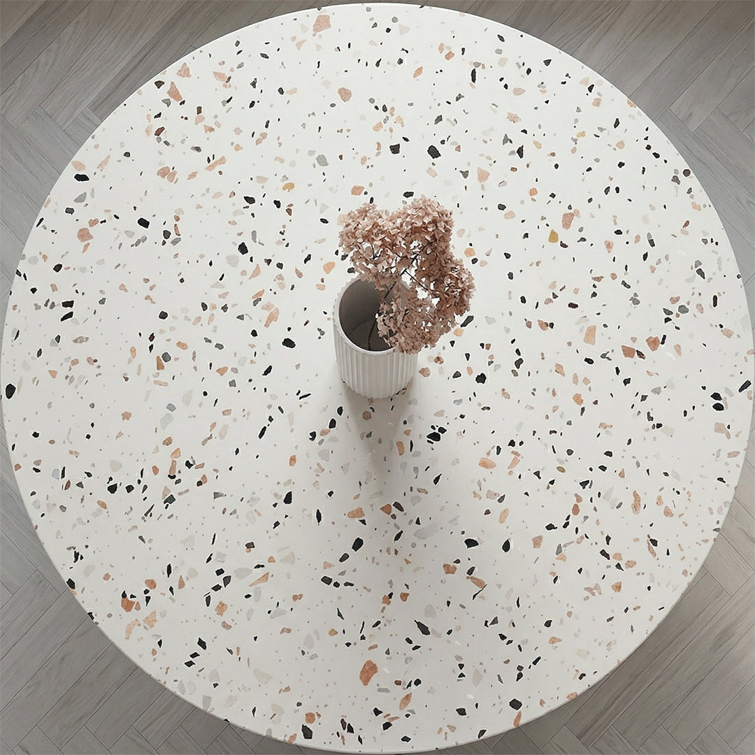 Cracky White Round Dining Table, Premium Terrazzo And Wood Base