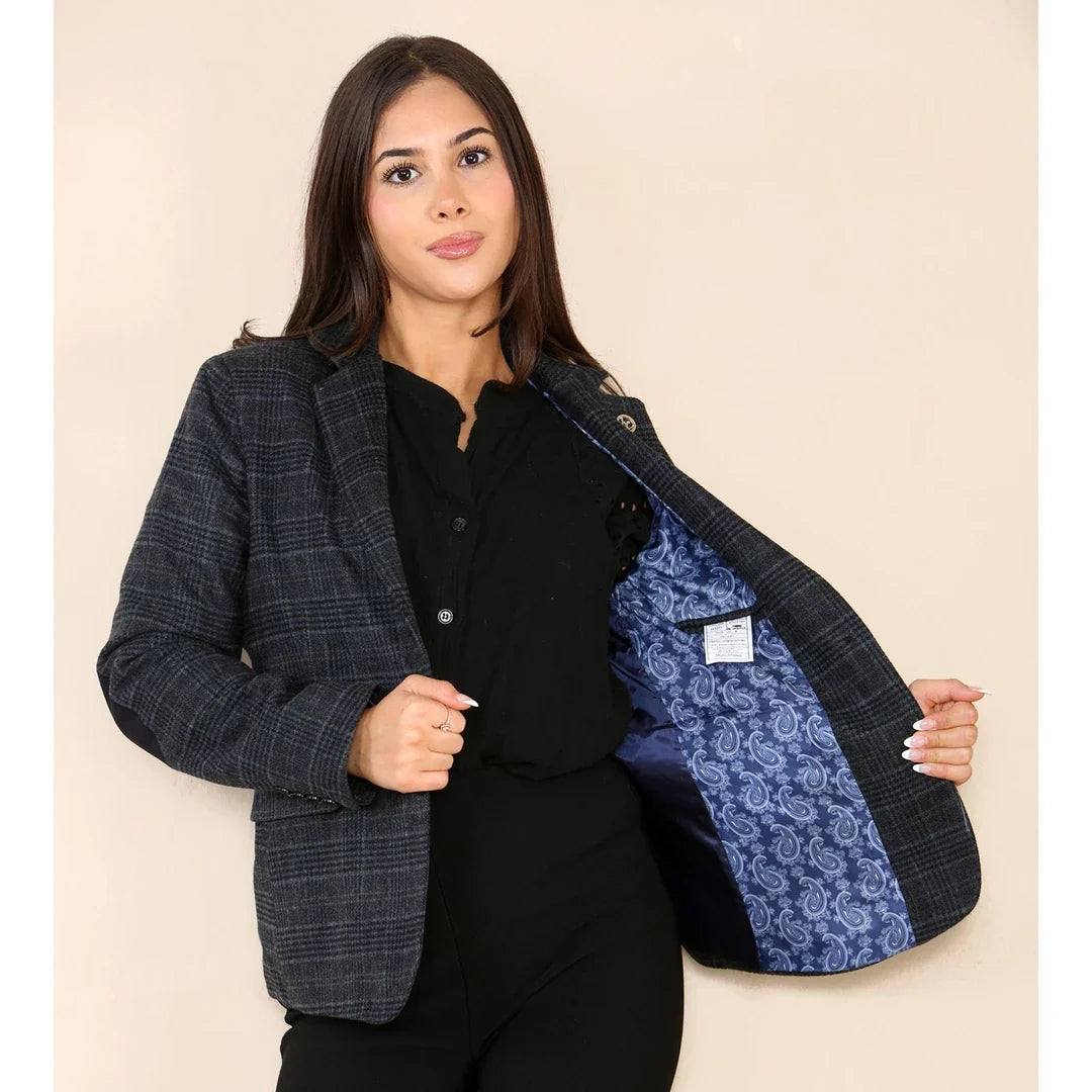 Women's Tweed Check Waistcoat Blazer Blue Suit