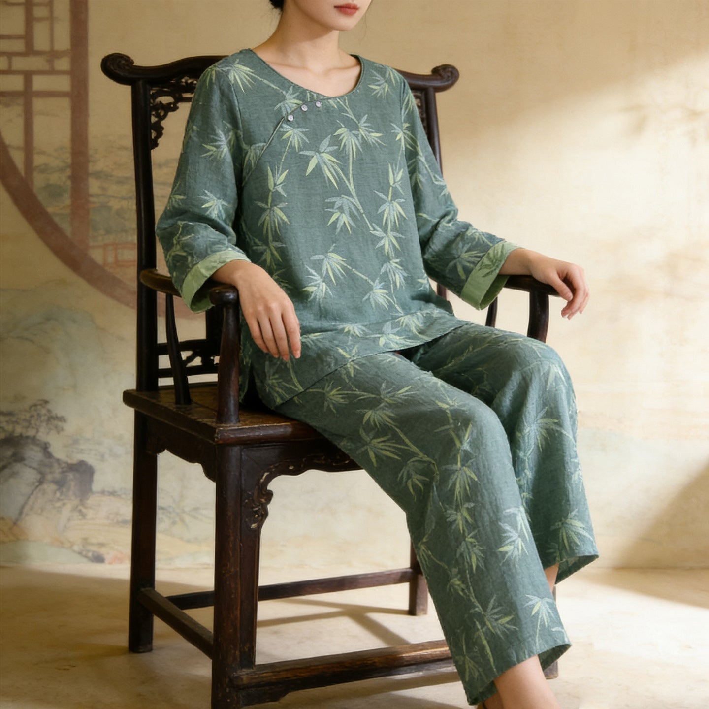 Jacquard Crew-Neck Pajama Set For Women Long-Sleeve Top And Long Pants
