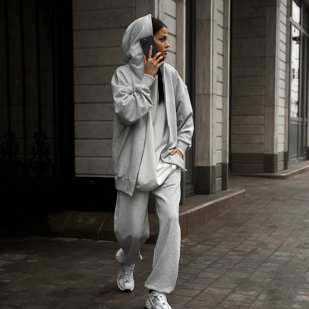 Street Style Long-sleeved Coat And Trousers Two-piece Set