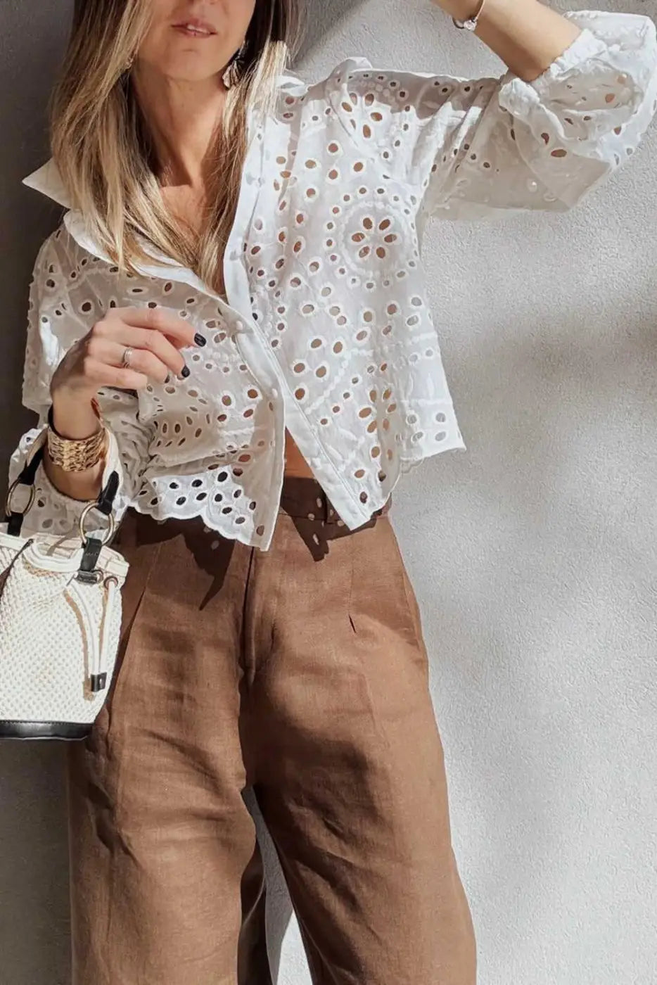 Women's White Cutwork Embroidered Puff Sleeve Crop Top