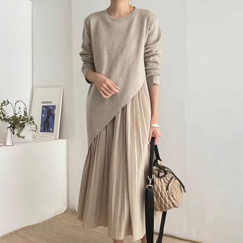 Autumn Elegance Retro Round Neck Irregular Design Loose Casual Patchwork Pleated Dress Women