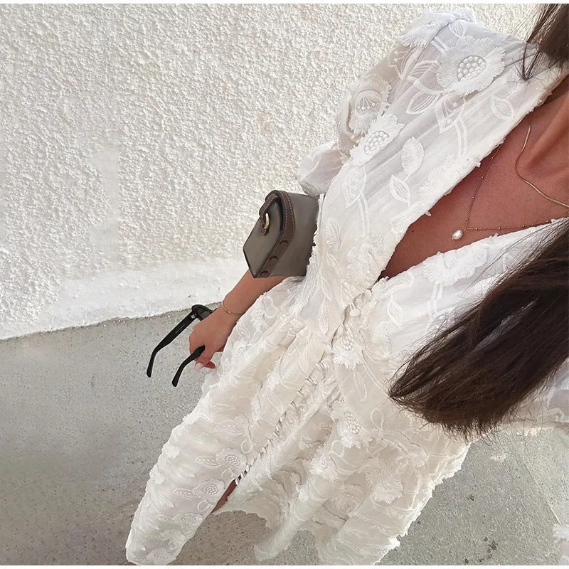 V-neck Puff Sleeve Dress White Embroidered Women