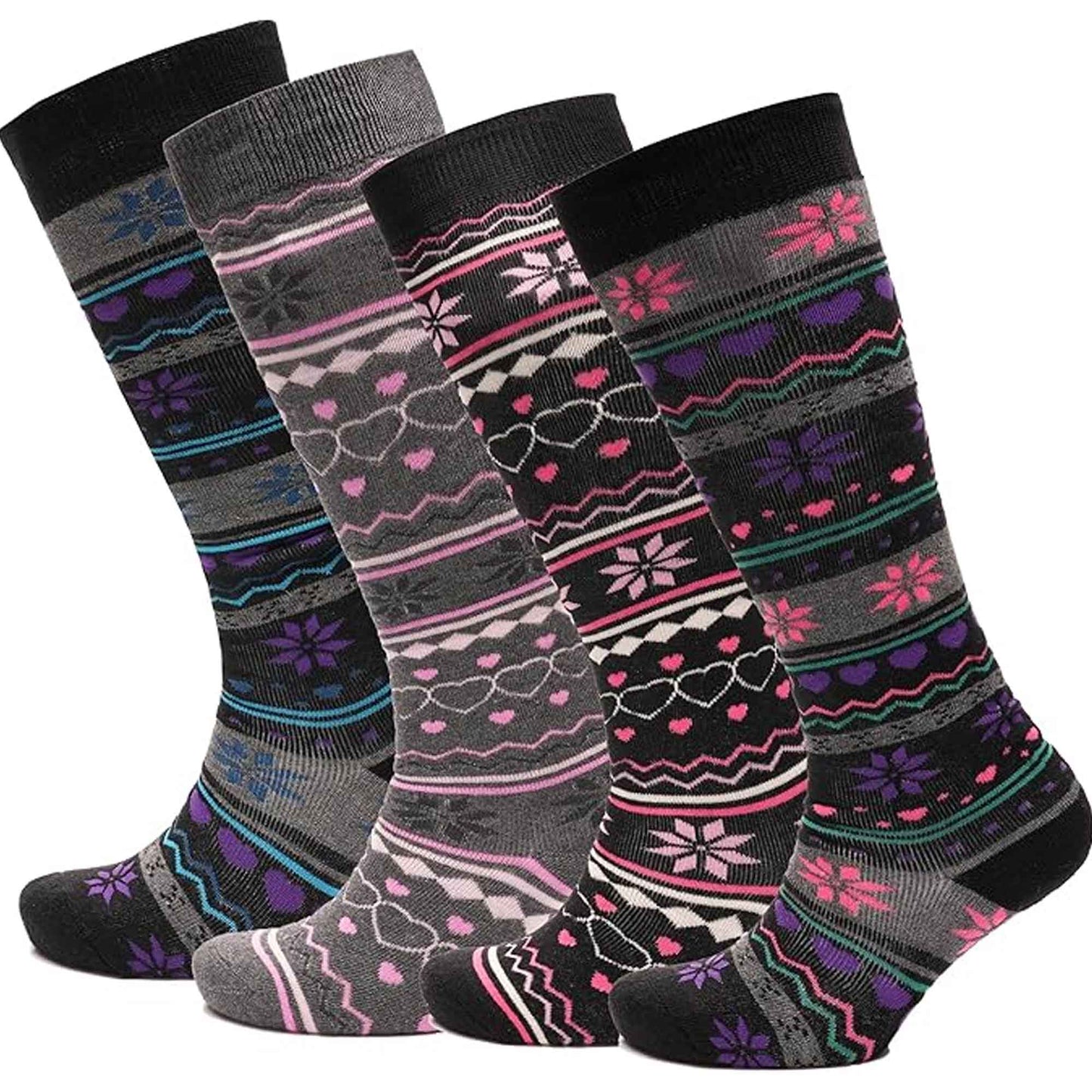 4 Pairs Ladies Ski Boot Socks Knee Length Cotton Rich with Full Cushioning and Thermal Insulation for Warmth and Comfort Fair Isle Pattern Fits Sizes 4-7 by Sock Stack