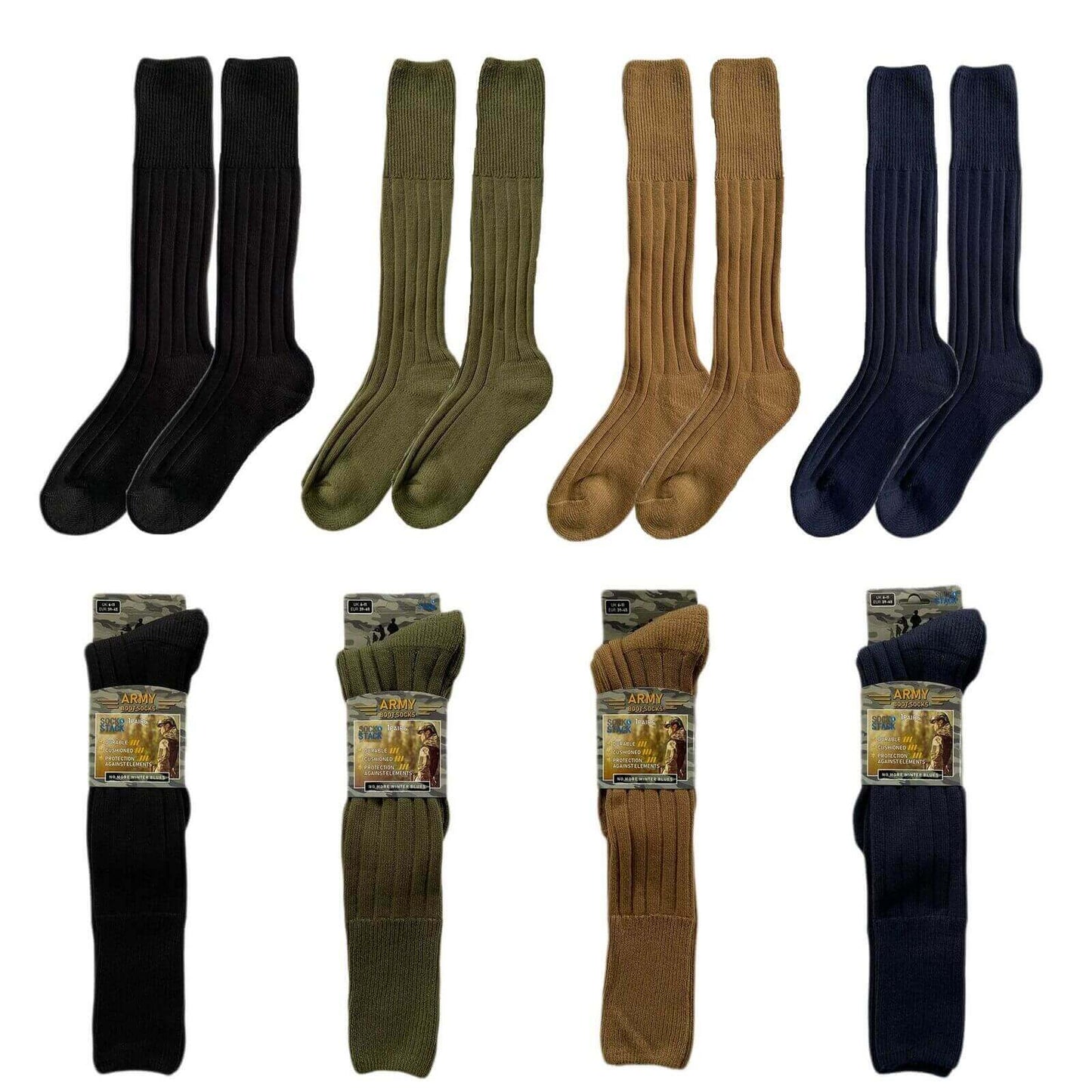 4 Pairs Mens Knee High Army Socks Terry Cushioned Military Commando Reinforced Toe Arch Support for Boots Hiking Outdoor Sports by Sock Stack