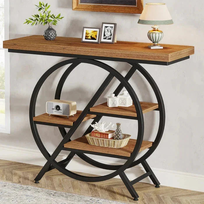 4-Tier Console Table, 100cm Entryway Table with Geometric Metal Frame