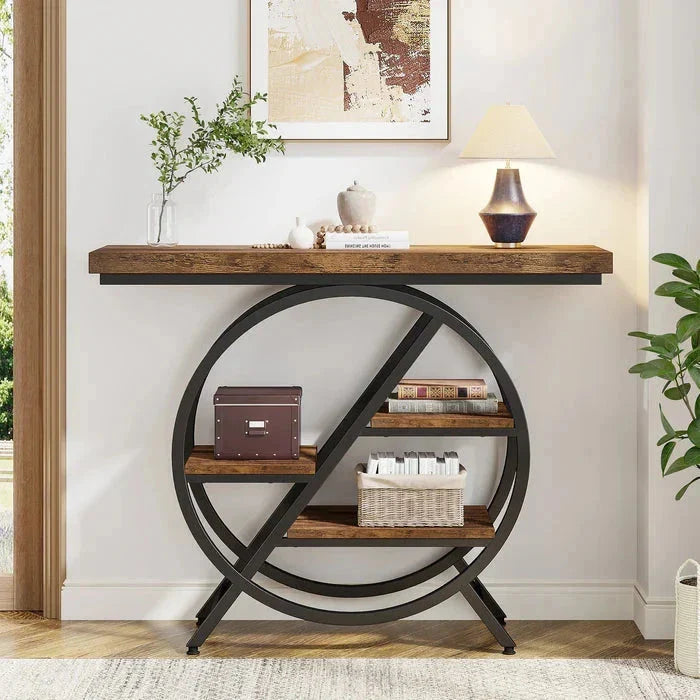 4-Tier Console Table, 100cm Entryway Table with Geometric Metal Frame