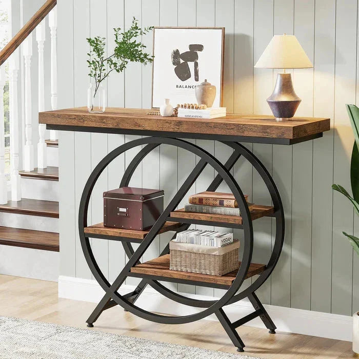 4-Tier Console Table, 100cm Entryway Table with Geometric Metal Frame