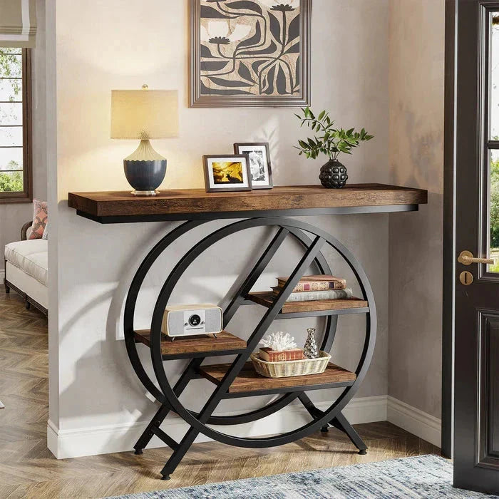 4-Tier Console Table, 100cm Entryway Table with Geometric Metal Frame