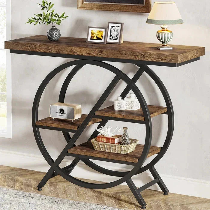 4-Tier Console Table, 100cm Entryway Table with Geometric Metal Frame