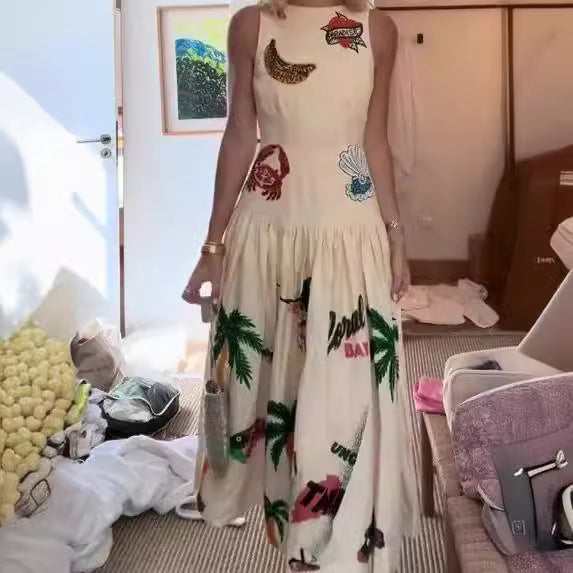 Sleeveless Off-neck Printed Backless Dress