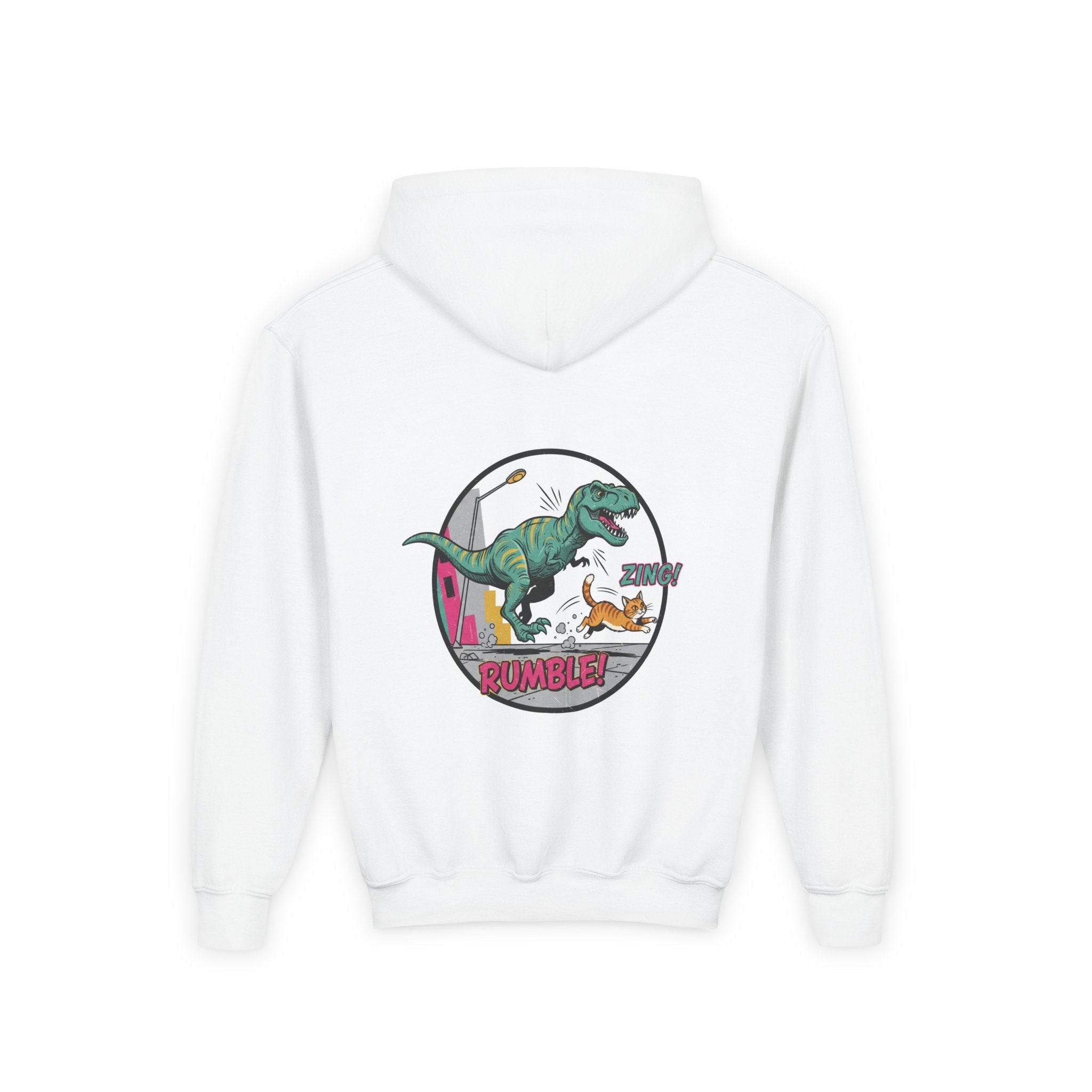 T-Rex Chase Dino Rumble Youth Hoodie | Dinosaur Graphic Sweatshirt