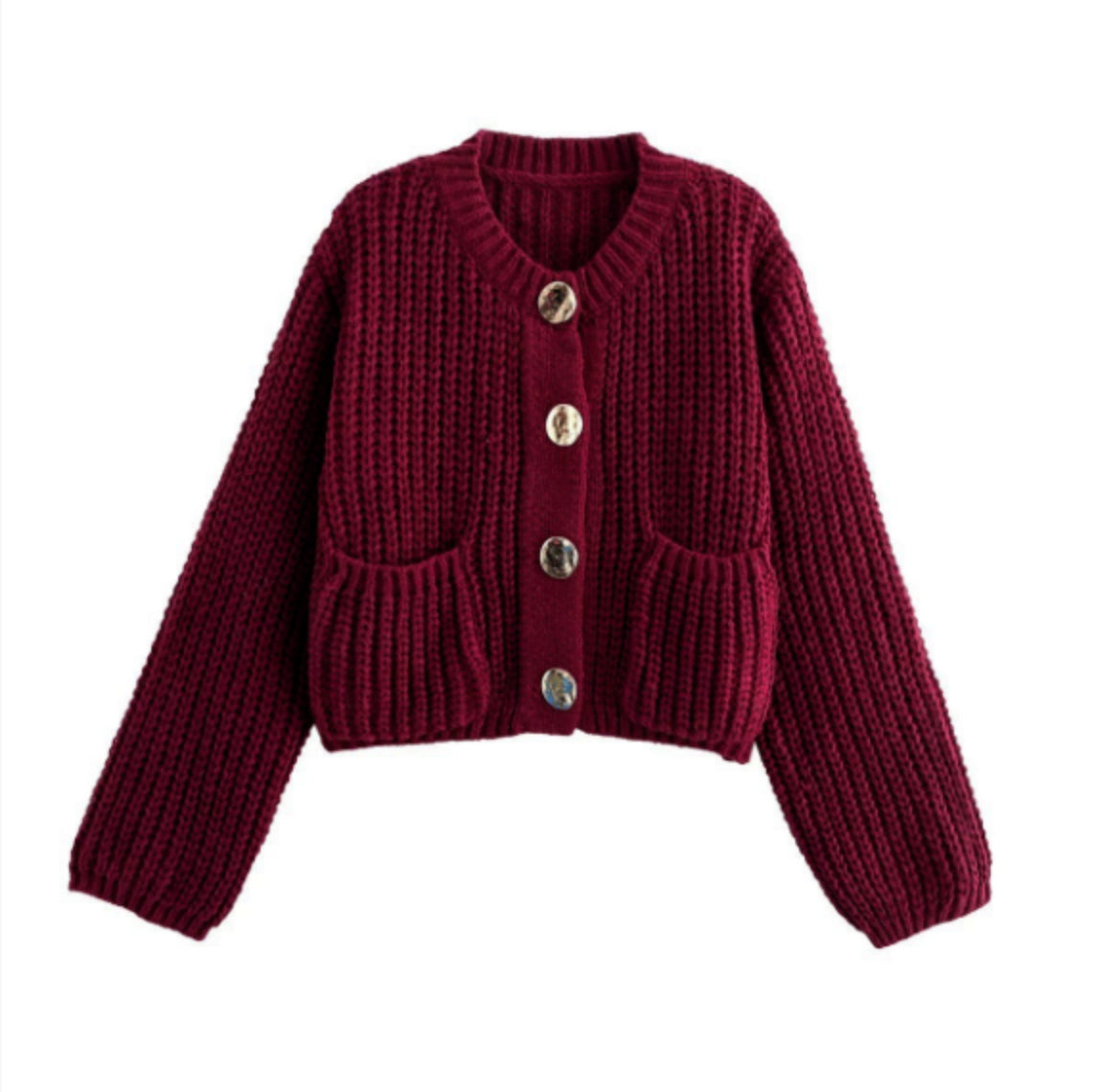 Pocket-button Knitted Women's Round-neck Ingot Sweater Coat