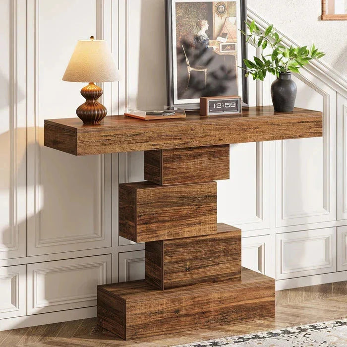 107cm Console Table, Wood Sofa Table Accent Table with Geometric Base