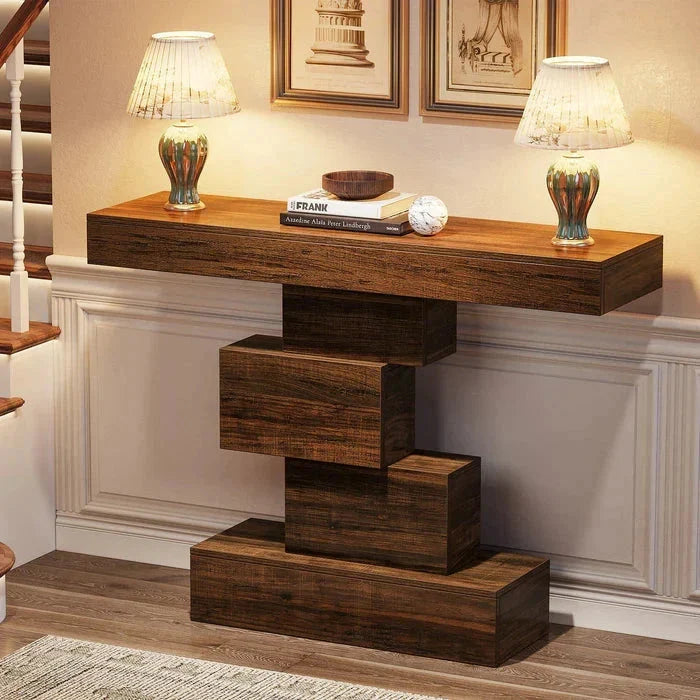 107cm Console Table, Wood Sofa Table Accent Table with Geometric Base