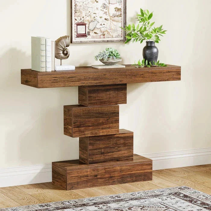 107cm Console Table, Wood Sofa Table Accent Table with Geometric Base