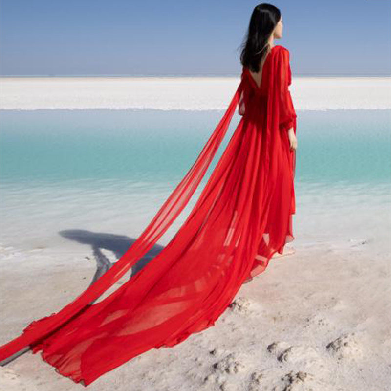 Silk Fairy Temperament Seaside Vacation Beach Dress Red