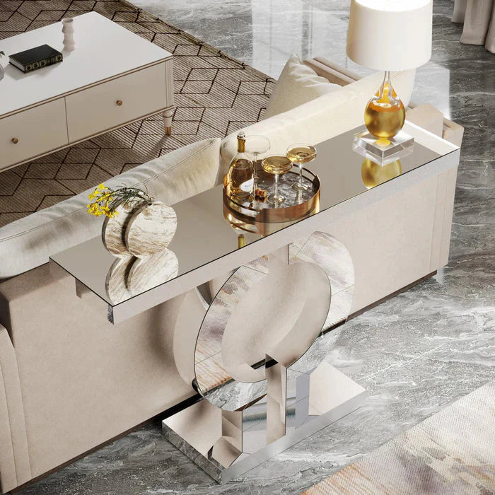 110cm Mirrored Console Table, Modern Silver Console Table with O-Shaped Base