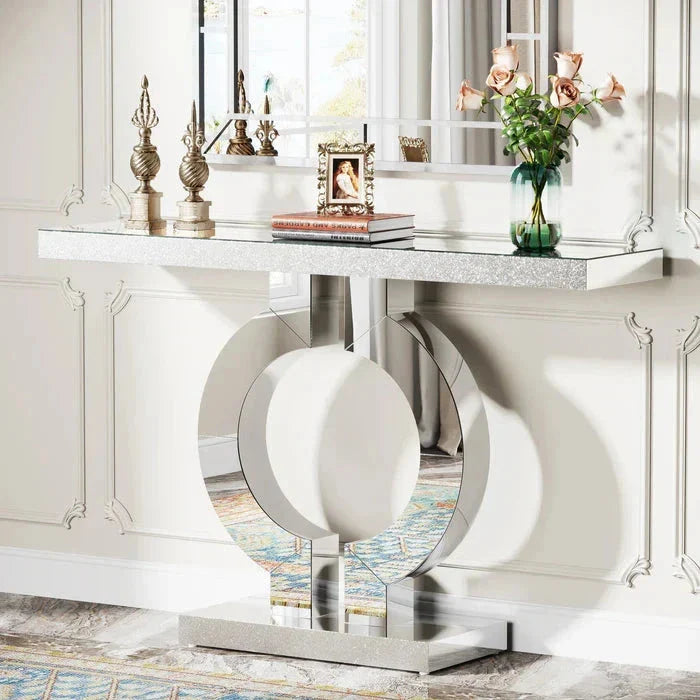 110cm Mirrored Console Table, Modern Silver Console Table with O-Shaped Base