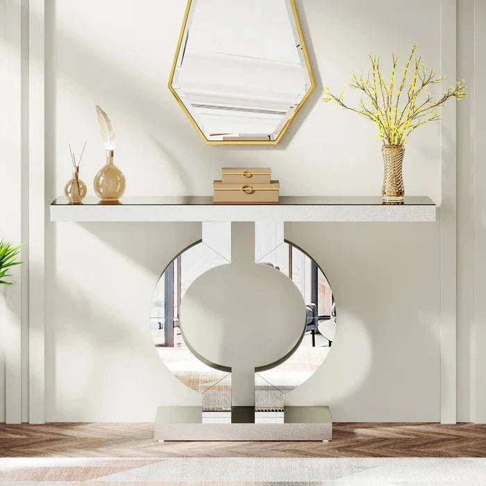 110cm Mirrored Console Table, Modern Silver Console Table with O-Shaped Base
