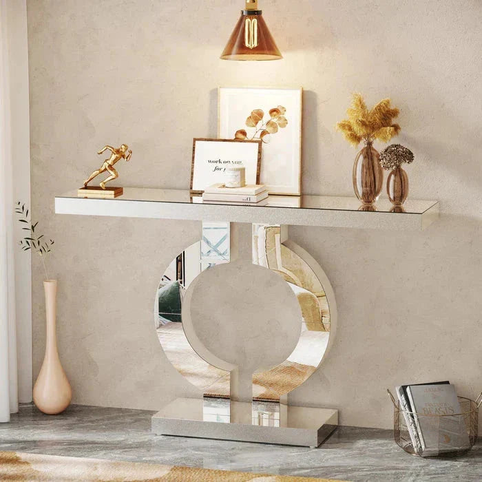 110cm Mirrored Console Table, Modern Silver Console Table with O-Shaped Base