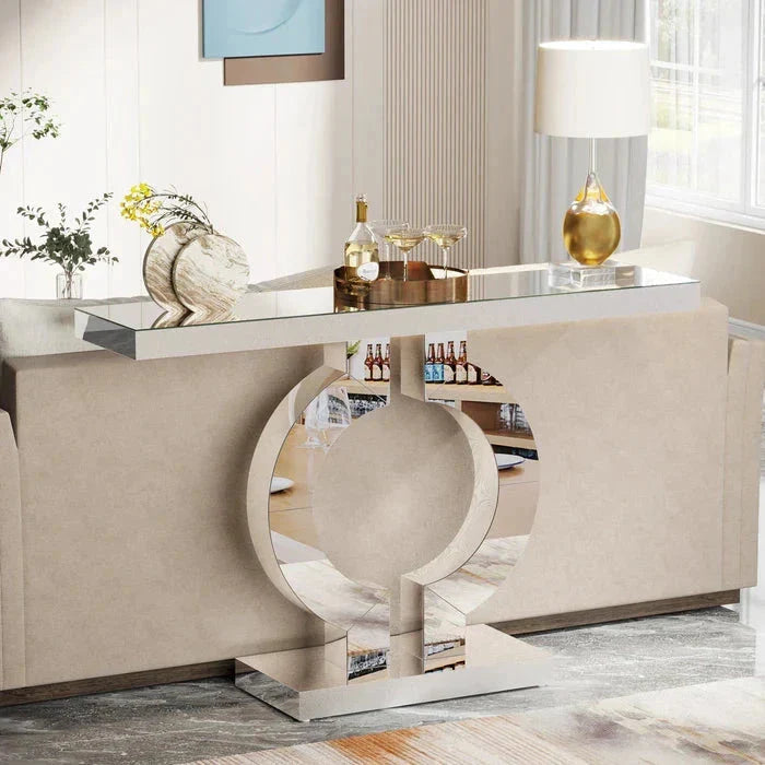 110cm Mirrored Console Table, Modern Silver Console Table with O-Shaped Base