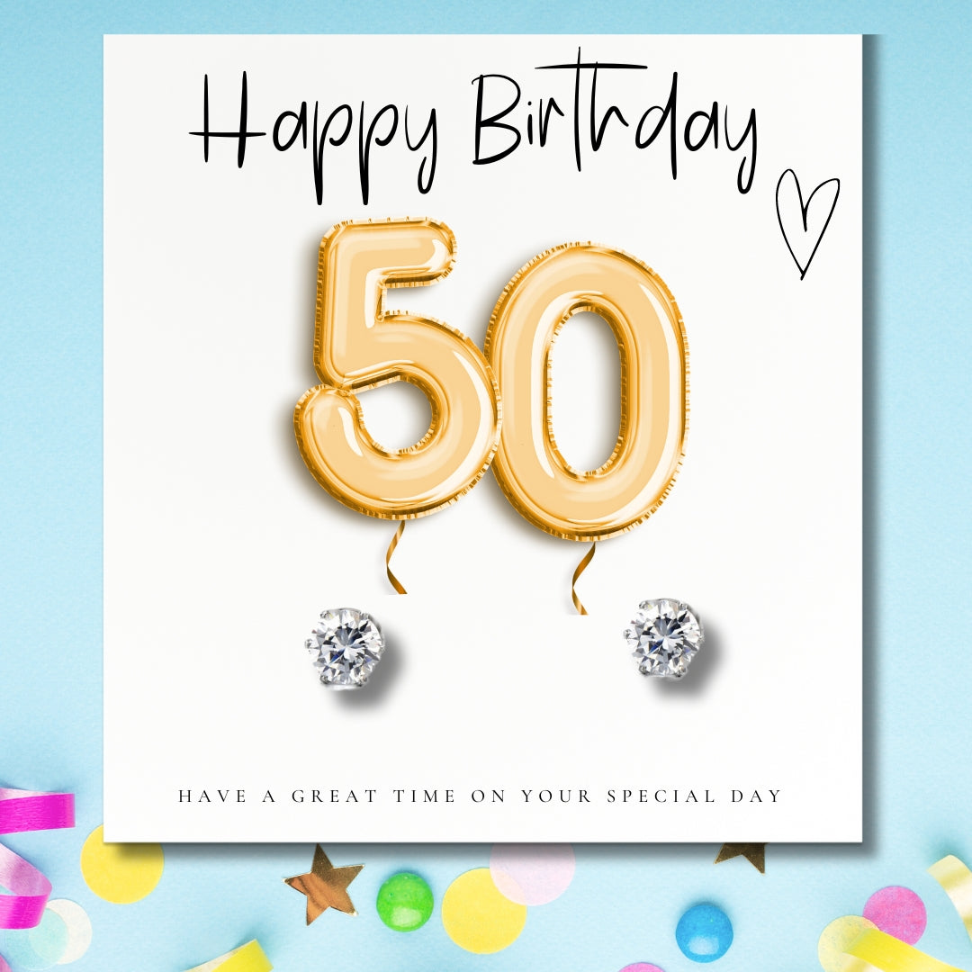 50th Birthday Cubic Zirconia Silver Earrings, Gold Balloons Gift Card