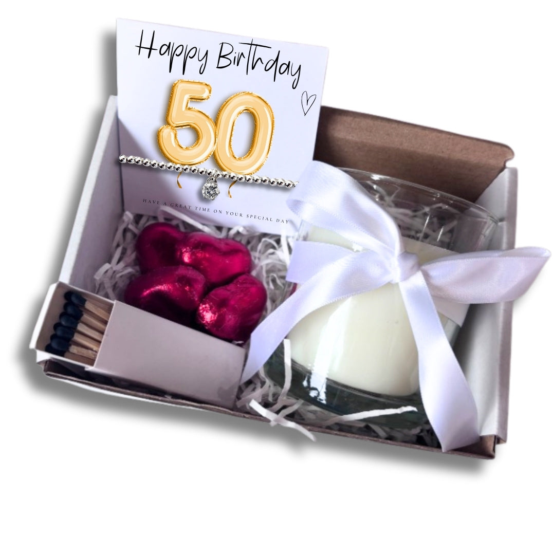 Small 50th Birthday Gold Balloon Hamper | Candle, Bracelet, Chocolates