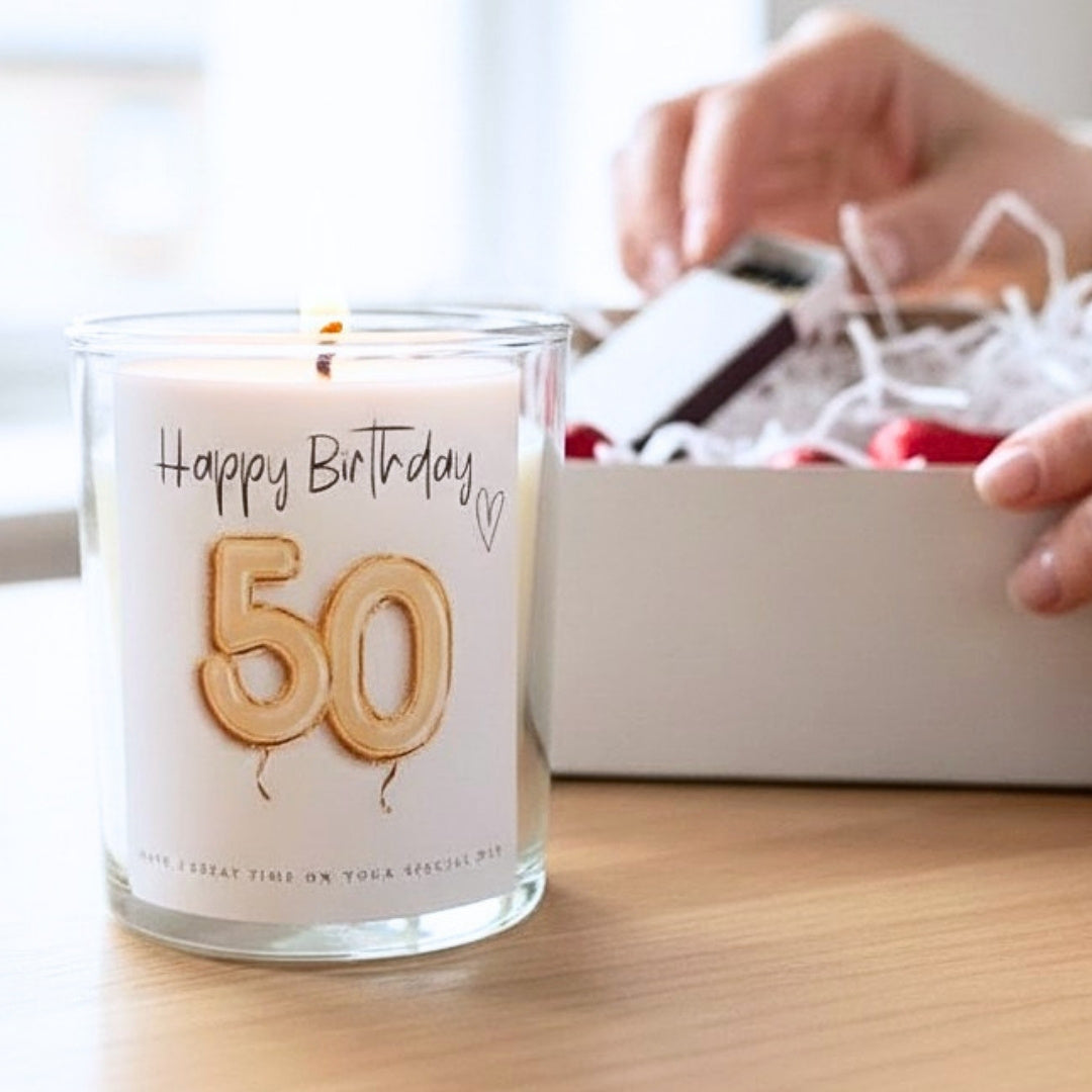 Personalised 50th Birthday Candle Gift Set – Gold Balloon | Friend, Mum