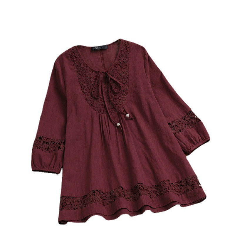 Cotton And Linen Stitching Lace 34 Sleeve Loose Women's Top T-shirt