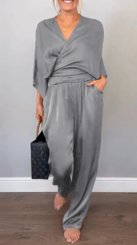 Womens Solid Color Satin Short Sleeve Top And Pants Set For Women