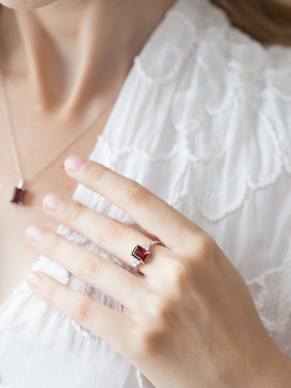 Garnet Emerald Cut Pendant Necklace in Sterling Silver