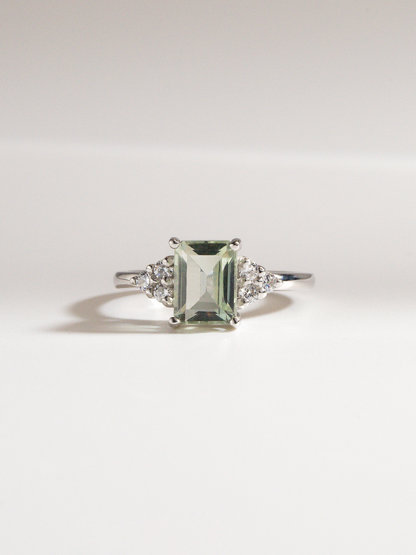 Green Amethyst Emerald Cut Ring in Sterling Silver