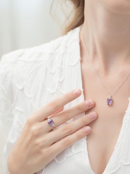 Lavender Amethyst Emerald Cut Ring in Sterling Silver