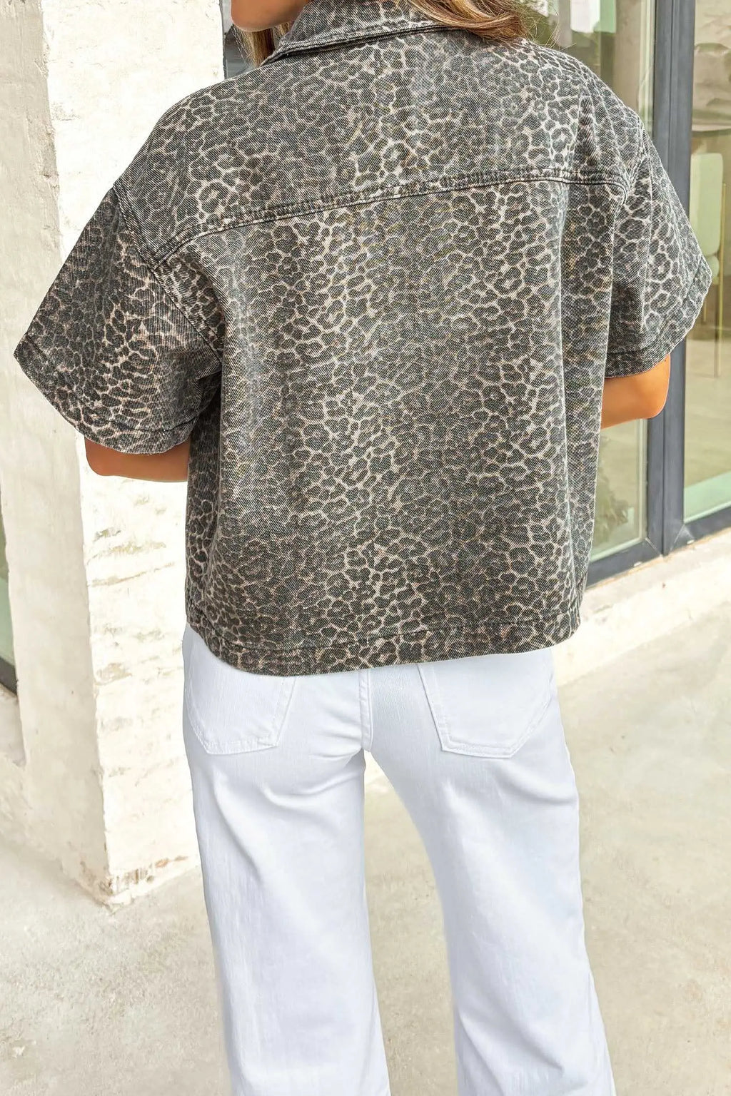 Gray Leopard Short Sleeve Denim Shirt Women UK