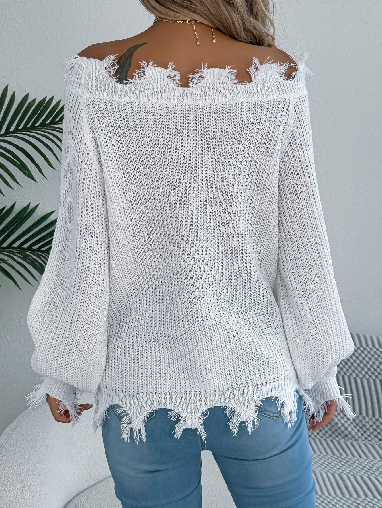 Women Solid Color Hollow Out Long Sleeve Distressed Off-Shoulder Pullover Sweater