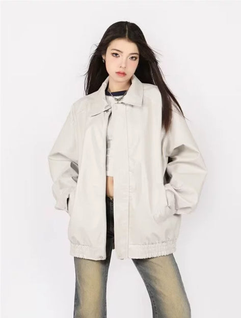 Spring And Autumn European And American Leather Jacket Locomotive Style Loose Top Coat Women