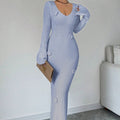 V-neck Waist Trimming Knitted Dress Women's Slimming Sheath