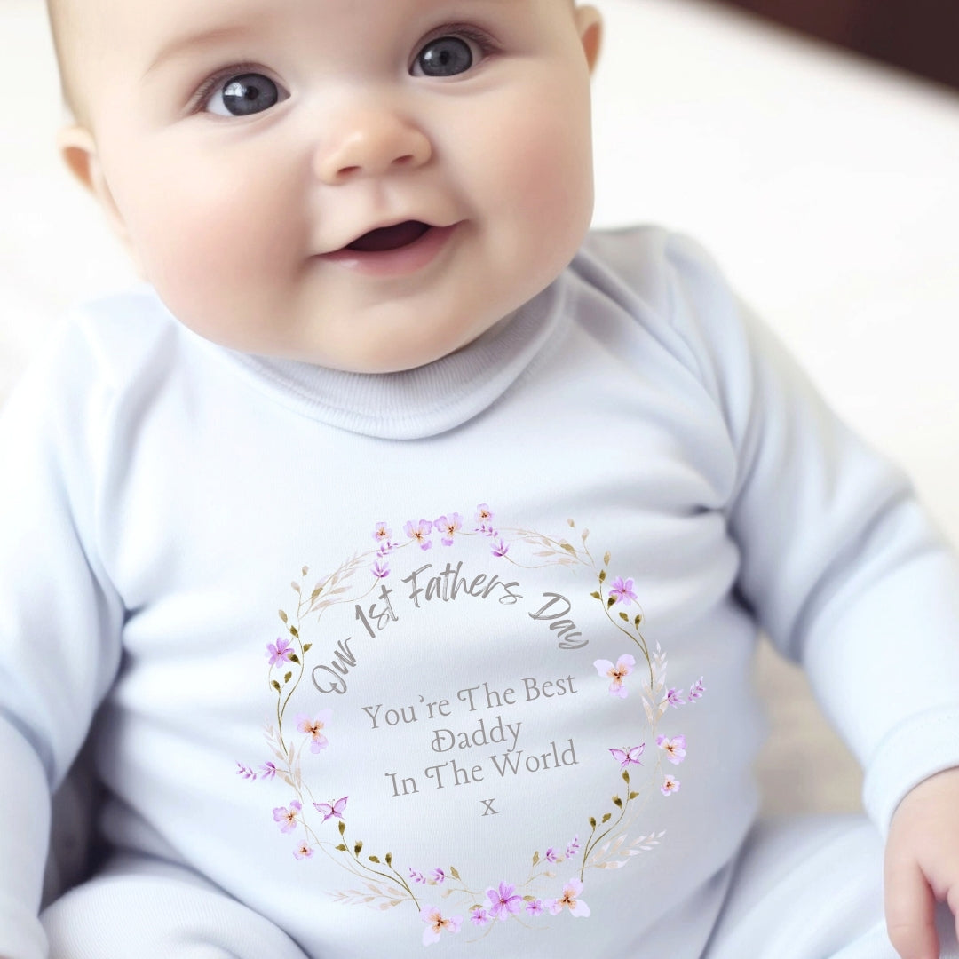 Personalised Our 1st Fathers Day Floral Babygrow | Name Vest or Bib UK