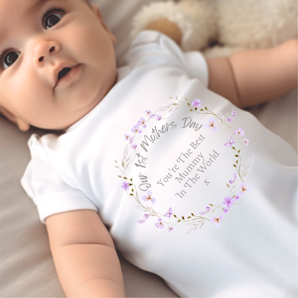 Personalised 1st Mothers Day Floral Babygrow | Name Vest or Bib UK