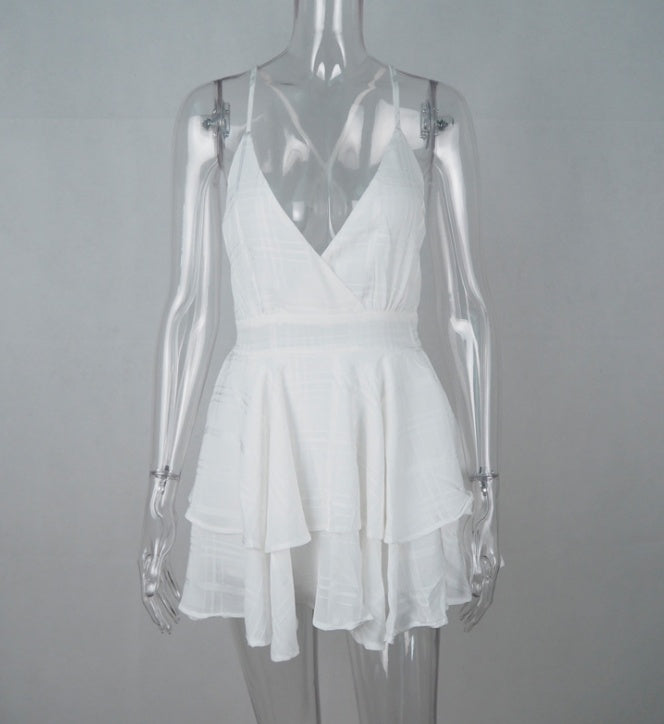 Summer sexy waist backless V-neck plaid chiffon straps shorts