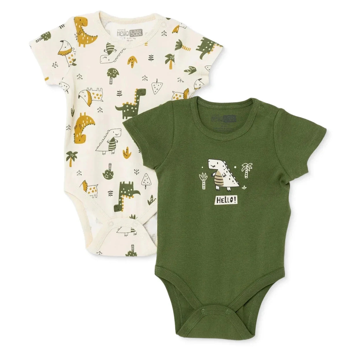 HelloBaby 2 Pack Dinosaur Print Short Sleeve Baby Bodysuits (1-3 Months to 2-3 Years)